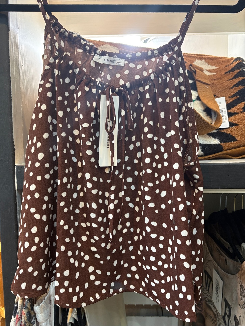 TIMING Brown & White Polka Dot Spaghetti Strap Camisole